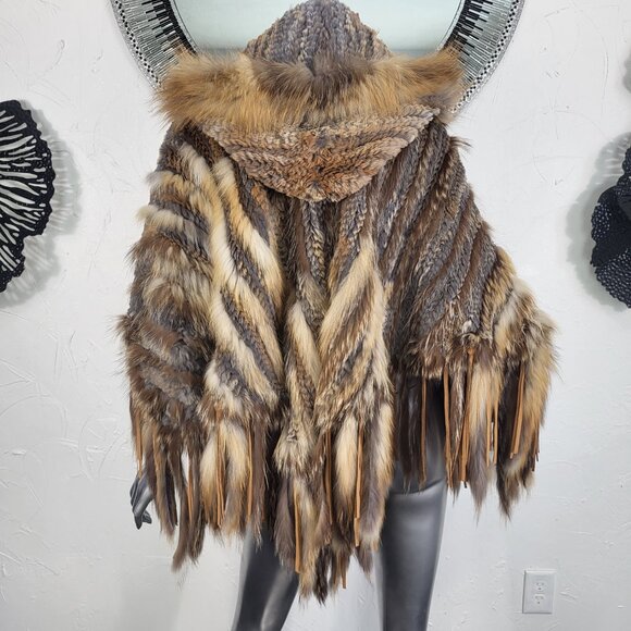 ALBERTO MAKALI~VINTAGE BROWN GENUINE FOX FUR REAL RABBIT HOODED PONCHO CAPE COAT - Picture 15 of 16